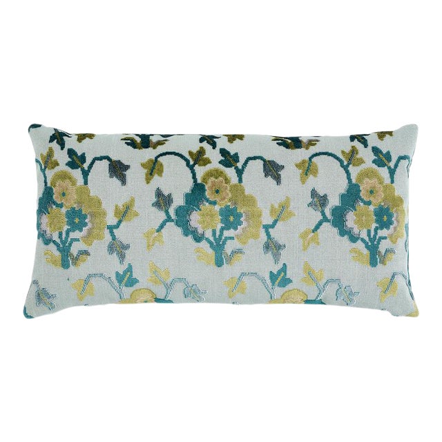 Schumacher Jennie Velvet 24" Lumbar Pillow in Peacock & Celadon For Sale