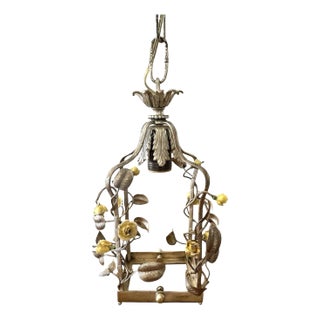Vintage Silver Gilt French Tole and Porcelain Yellow Rose / Floral / Flower Cage Pendant / Hall Lantern / Chandelier Light, Circa 1960 For Sale