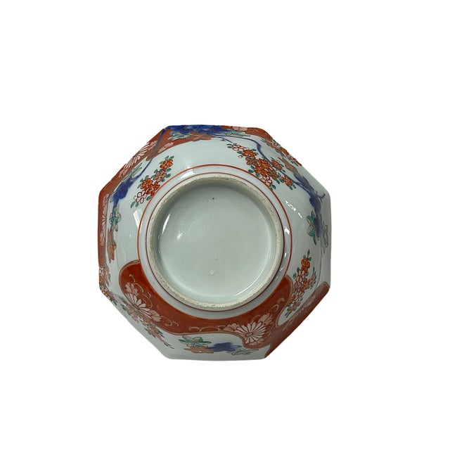 Brick Red Vintage Oriental Imari Octagonal Palette Graphic Porcelain Bowl Art For Sale - Image 8 of 9