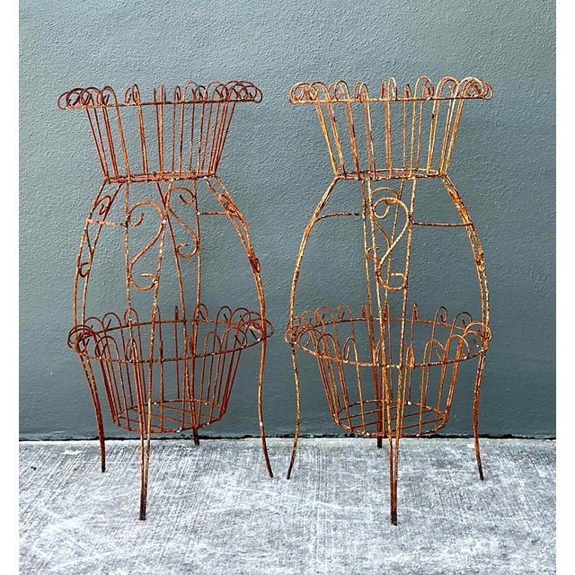 Vintage Distressed Wire Plant Stands - A Pair For Sale - Image 10 of 12