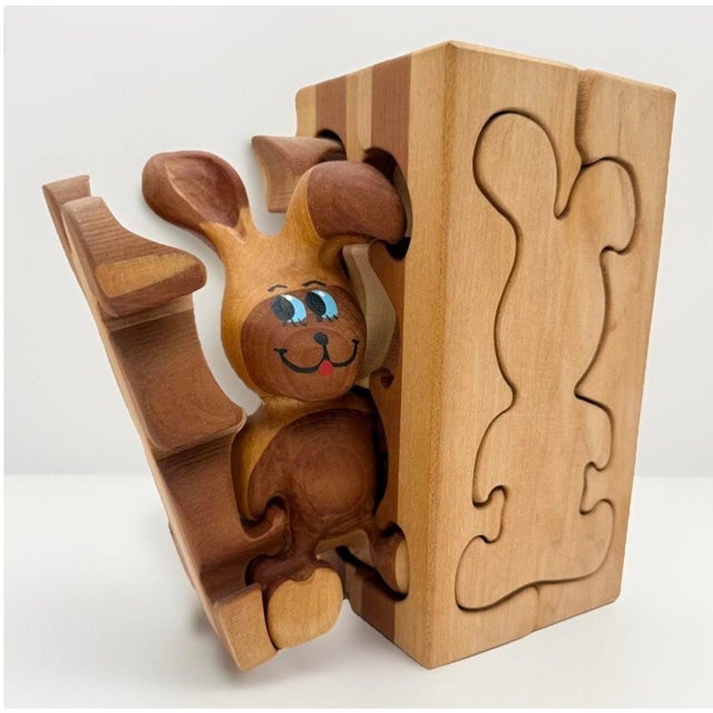 Mid-Century Modern Vintage Scandinavian Wooden Puzzle Sculpture Rabbit Cube Attributed to Gunnar Kanevad, 1970s For Sale - Image 3 of 8