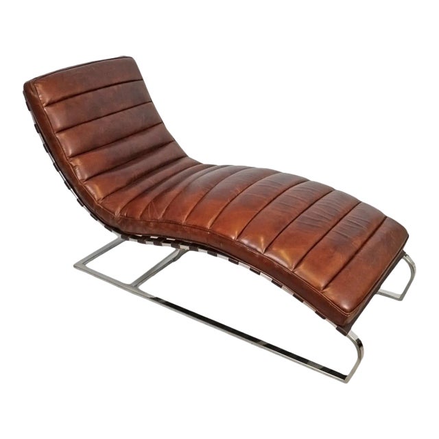 Bradley Chestnut Leather & Chrome Midcentury Modern Chaise For Sale