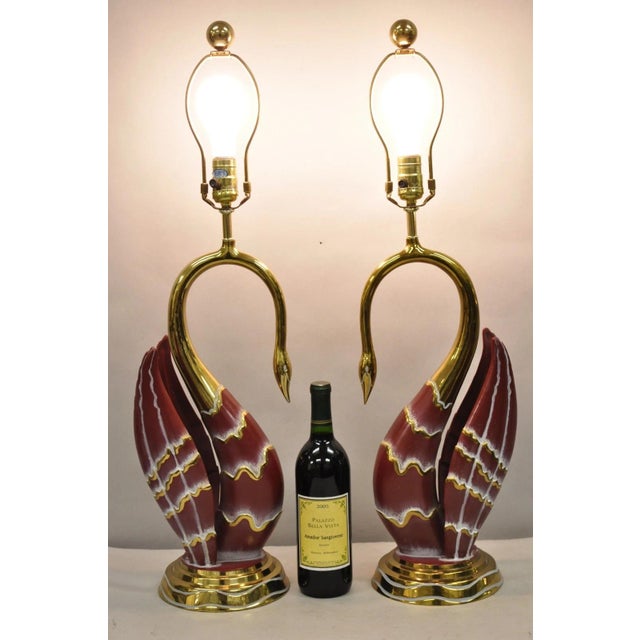 Vintage Art Nouveau Modern Brass Figural Swan Gold Red Table Lamps With Shades - a Pair For Sale - Image 10 of 14