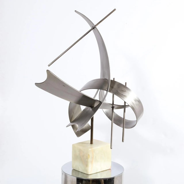 1970s Modernist Curvilinear Sculpture in Brushed Aluminum with Onyx Base Signed Curtis J For Sale - Image 9 of 13