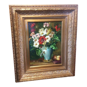 Vintage Oil on Canvas, Signed and Framed, Still Life With Flowers and Fruit