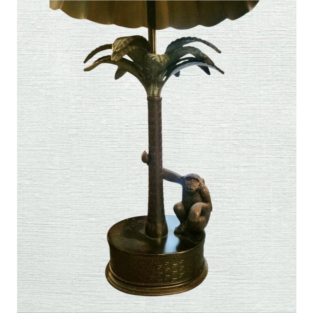 Vintage Palm Beach Regency Cast Iron Palm Tree Monkey Table Lamp W/ Hard Pleated Bell Red Parasol Shade For Sale In West Palm - Image 6 of 12