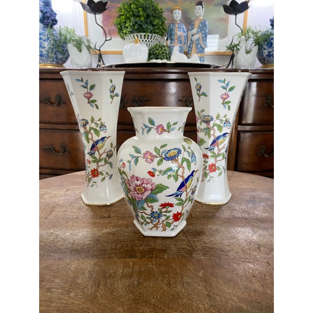 Set of three Aynsley vases in the lovely Pembroke pattern…..all in superb condition. Tall vase are 9”, 4” across the top...
