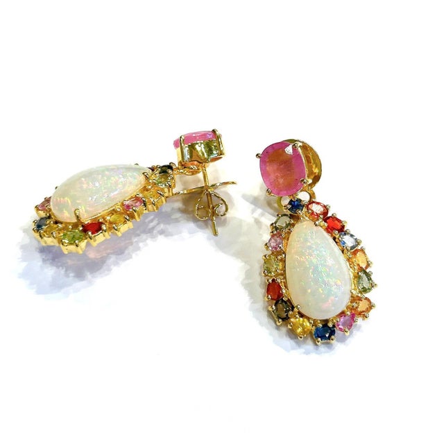 Baroque Bochic “Orient” Retro Opal, Ruby & Sapphire Earrings Set In 18K Gold & Silver, 2 pieces For Sale - Image 3 of 12