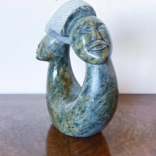 African Antique Hand Carved African Ring Sculpture of Stone Depicting Two Figures For Sale - Image 3 of 6