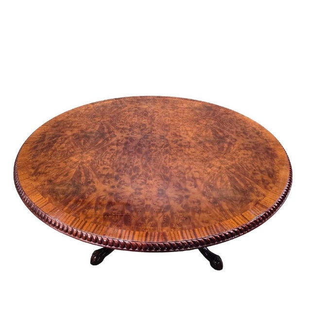 Vintage English Burr Walnut Veneer Round Pedestal Table in the Antique Style With Claw Feet For Sale In Chicago - Image 6 of 9