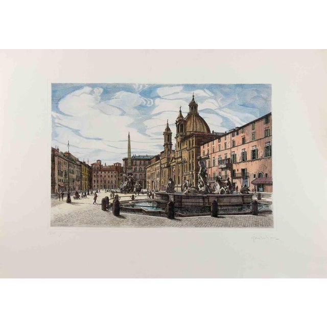 Modern Giuseppe Malandrino, View of Piazza Navona, Etching, 1970s For Sale - Image 3 of 3