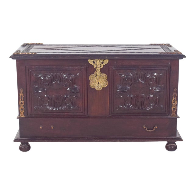 Antique Portuguese Carved Wooden Chest, 1890s For Sale