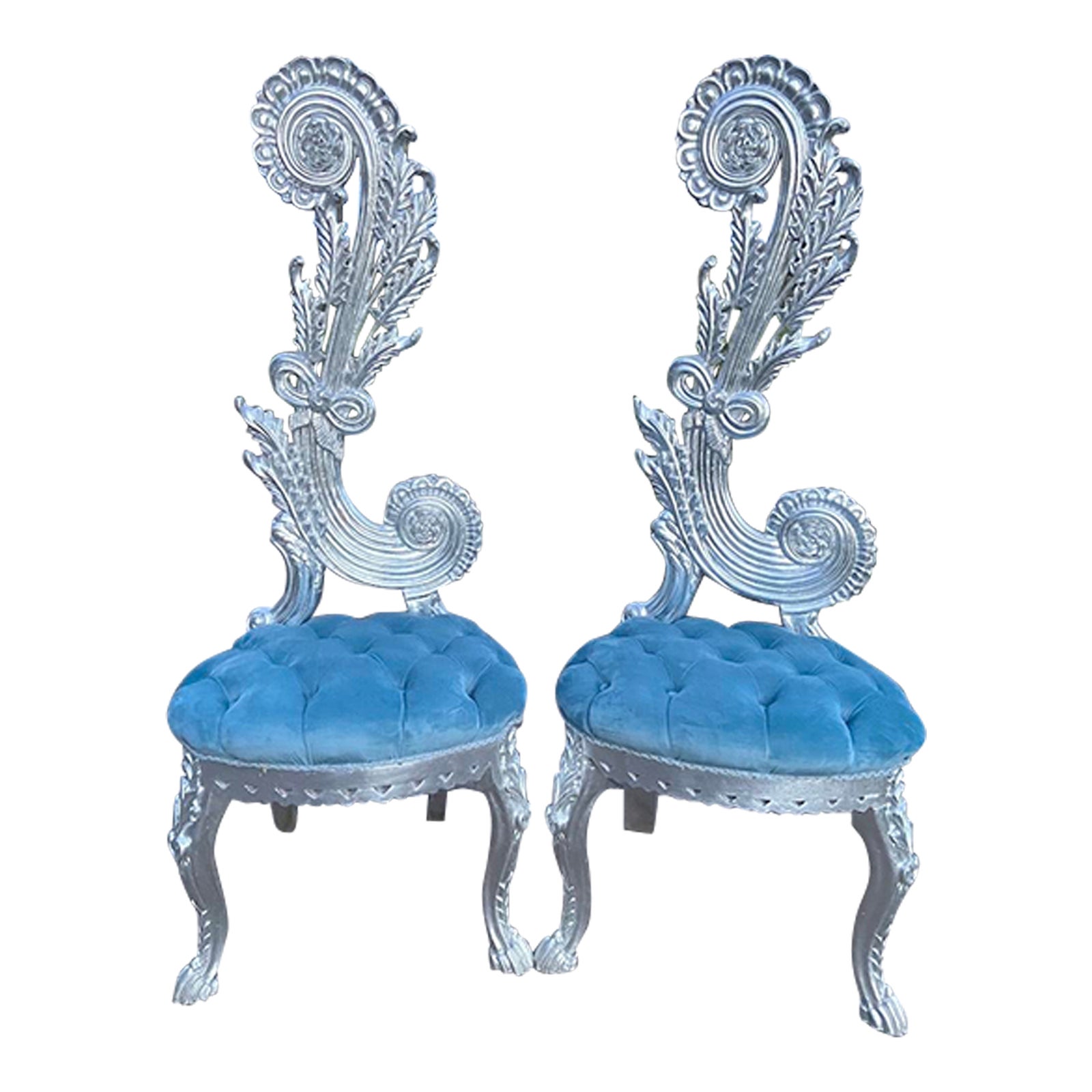 Pair of Italian Rococo Ribbon Side Chairs in Silver Beech With Blue ...