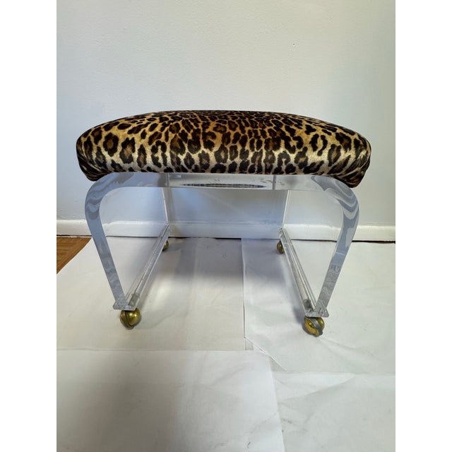 Vintage Lucite Stool With Leopard Print Upholstery & Brass Casters For Sale In San Francisco - Image 6 of 10