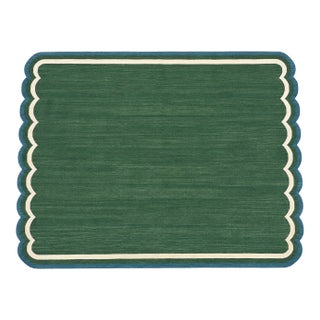 Handmade Cotton Flat Weave Area Rug, Forest Green and Teal Blue Scalloped Dhurrie - 12'x15' For Sale