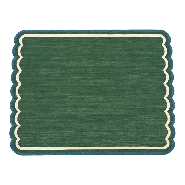 Handmade Cotton Flat Weave Area Rug, Forest Green and Teal Blue Scalloped Dhurrie - 12'x15' For Sale