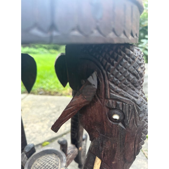 Wood Antique Anglo-Indian Hand-Carved Elephant Side Table With Bone Inlay For Sale - Image 7 of 18