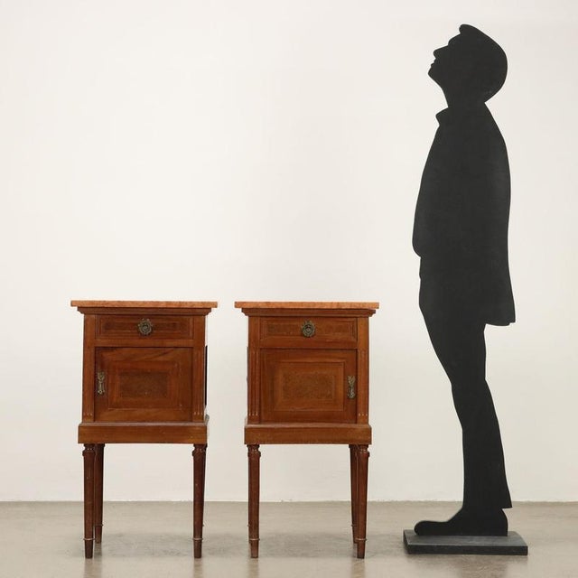 Pair of Neoclassical style bedside tables in mahogany, maple and bois de rose fillets, Drawer under the top and central...