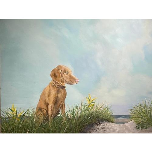 Tranquil Beach Dog in Coastal Landscape, Blue Sky & Clouds, 2025, Painting on Panel For Sale - Image 3 of 17