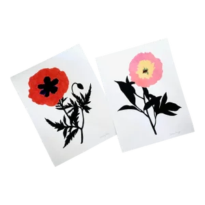 Pair of Single Stem Floral Cameo Giclee Prints by Neicy Frey
