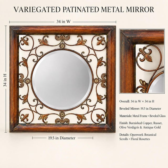 Vintage Old World Variegated Patinated Metal Scrollwork Mirror With Beveled Glass For Sale - Image 4 of 4