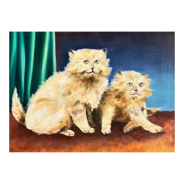 1970’s Original Folk Art Double Cat Painting Signed For Sale