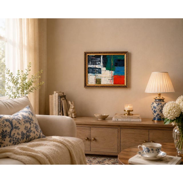 Signed abstract oil painting titled "Cromatismo" by M. Miota, Valencia. Broad blocks of teal, blue, grey, orange and white...