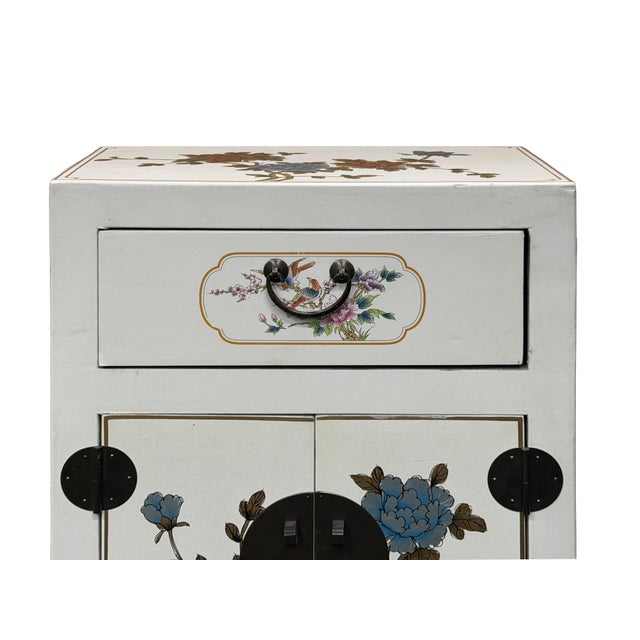 Chinese Off White Vinyl Moon Face Flower Graphic End Table Nightstand For Sale - Image 10 of 12