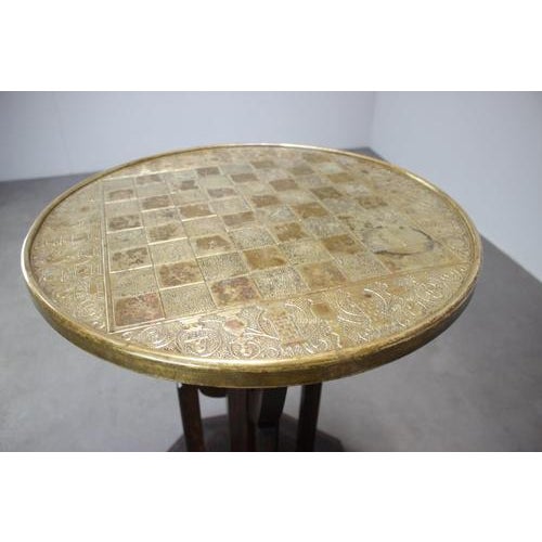 1930s Vintage Art Deco Chess Table with Hand-Decorated Brass Top and Stained Oak Base, 1930s For Sale - Image 5 of 15