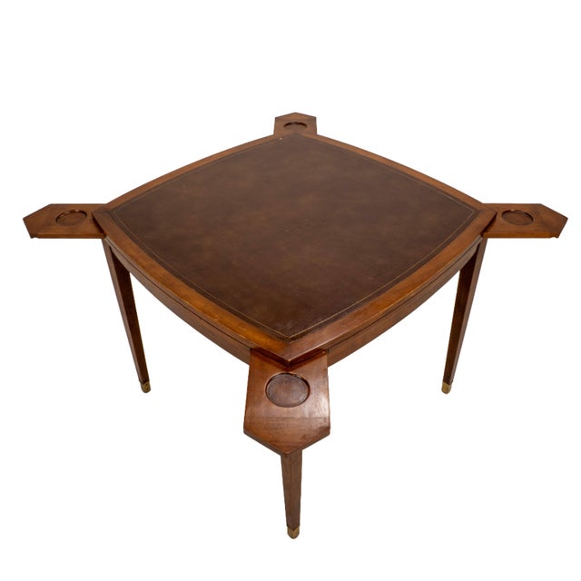 Old Colony Furniture Vintage Old Colony Beacon Hill Walnut & Leather Games Table W/ Hidden Drink Holders For Sale - Image 4 of 14