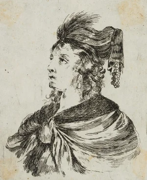 J. Meyer, Looking up Lady With Feather Plaster, 17th-Century, Etching