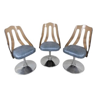 Vintage Retro Space Age Tulip Lucite Swivel Dining/Side Chairs in Leather, Set of 3 For Sale