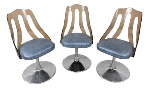 Vintage Retro Space Age Tulip Lucite Swivel Dining/Side Chairs in Leather, Set of 3