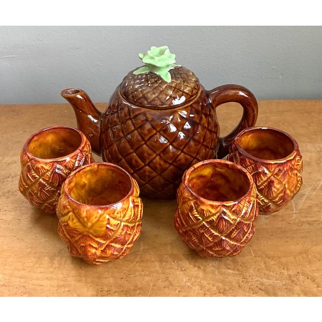 Mid-Century Modern Vintage Pineapple Ceramic Teapot and Mugs Set For Sale - Image 3 of 13