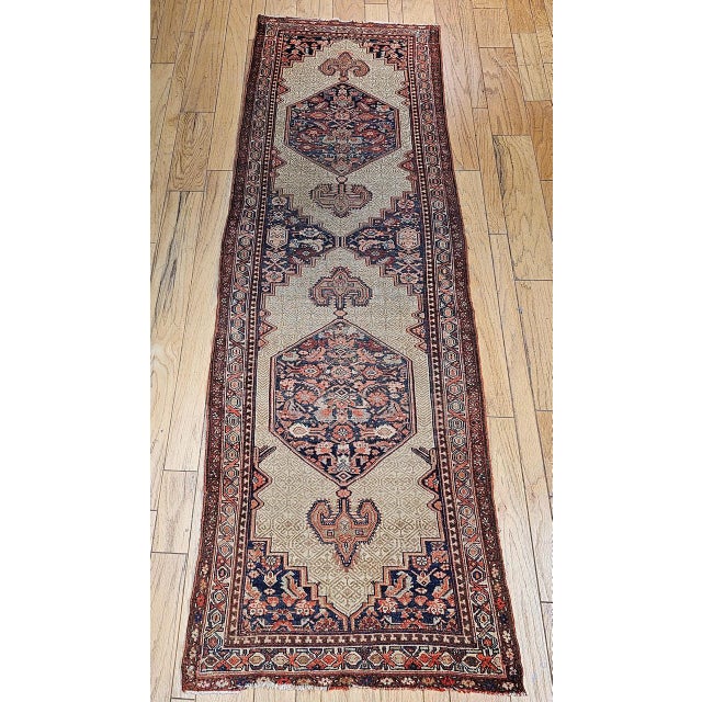 Antique Persian Serab Runner Rug, Hand-Knotted Wool, Geometric Medallion Pattern, Camel & Red, 4x11 For Sale - Image 4 of 12