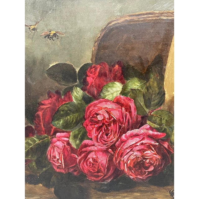 A beautiful painting of a bouquet of flowers in a basket by artist Frances George. The painting creates mood through...