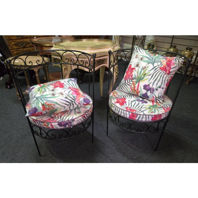 Vintage Wrought Iron Chairs with Tropical Pattern Cushions, 1970s, Set of 2, in Good conditions. Designed 1970 to 1979