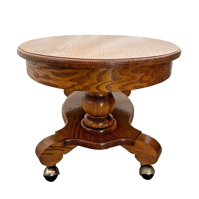 Oval Coffee Table Tiger Oak, Center Drawer, Shelf, Empire Style, Caster Wheels For Sale - Image 9 of 13