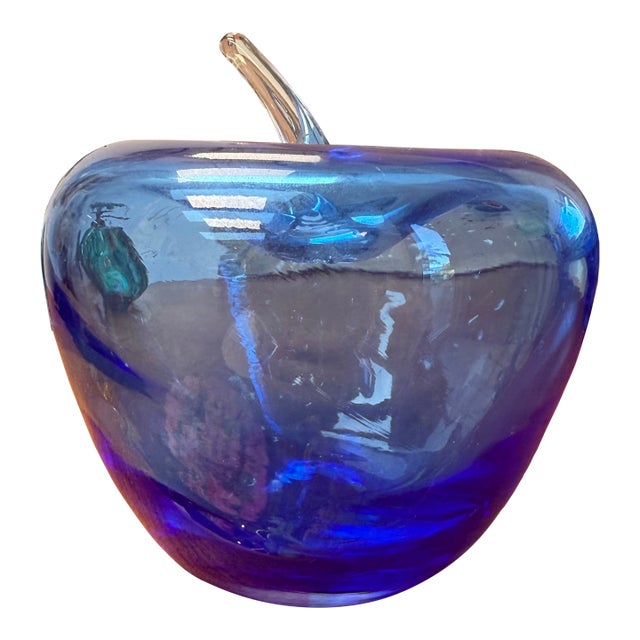 1980s Blenko Blue Apple With Clear Stem, Original Label For Sale
