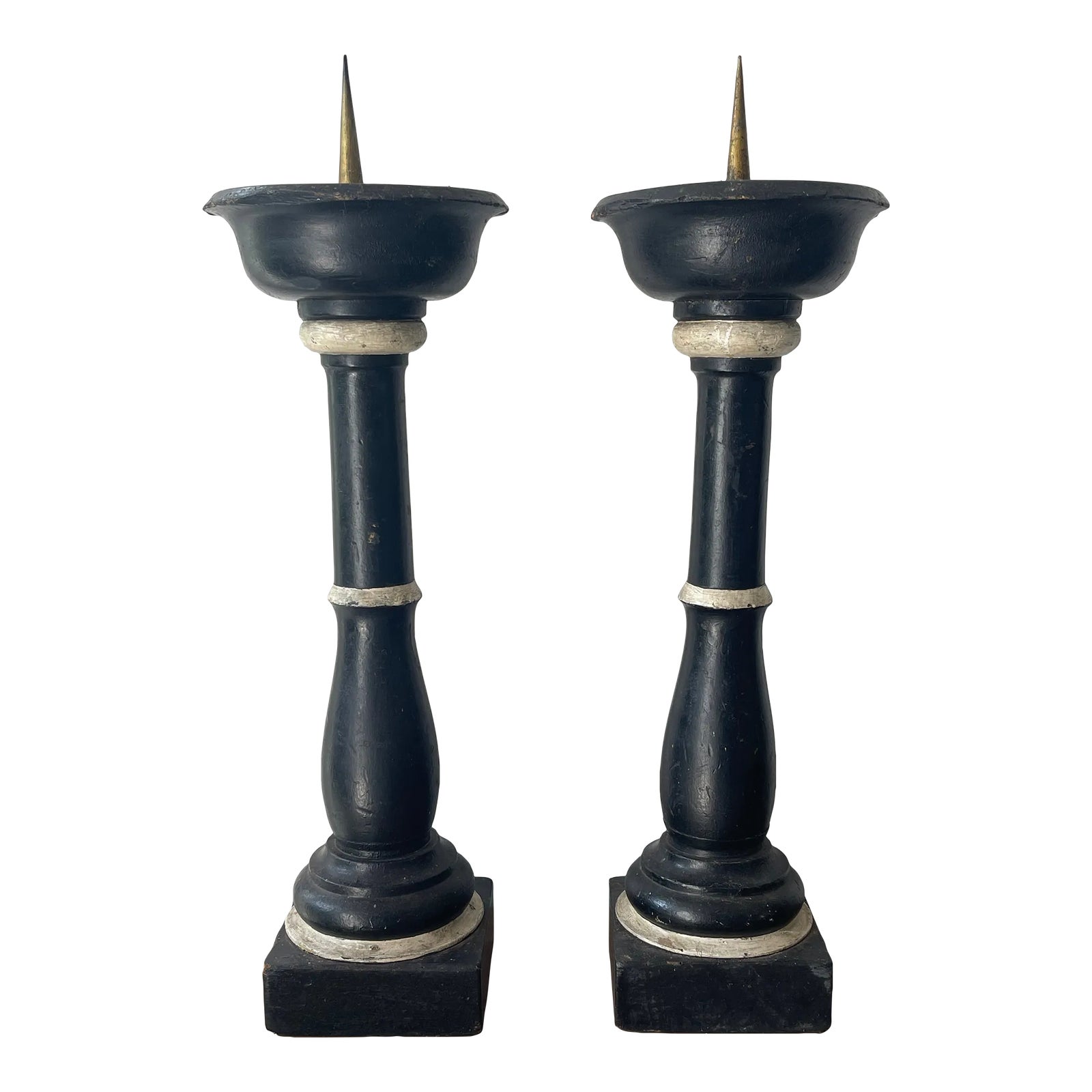 Pair 19th Century Wooden Italian XL Candlesticks in Black and White