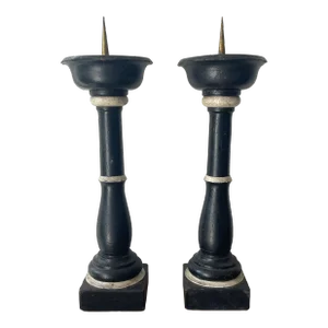 Pair 19th Century Wooden Italian XL Candlesticks in Black and White Painted Finish
