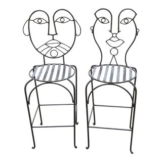 John Risley Style Wrought Iron Bar Stools- A Pair For Sale