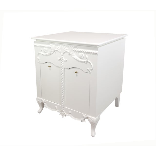 A Classic European Baroque-Style White Embossed Storage Cabinet/Bathroom Vanity Base. For Sale - Image 4 of 14