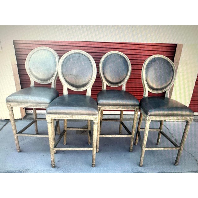 Wood Set of Restoration Hardware French Contemporary Round Leather Bar Stools For Sale - Image 7 of 8