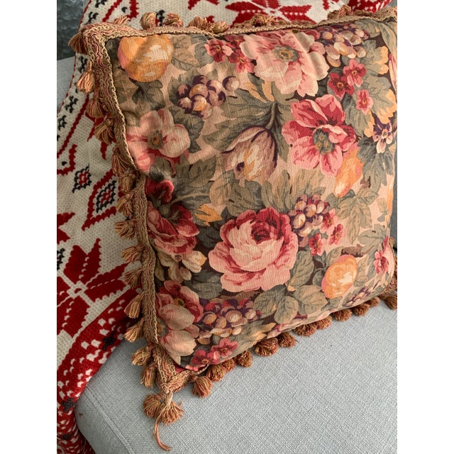 Vintage Decorative Cushion Pillow Floral Cabbage Roses and Fruits Pattern Cotton Linen Tassels Borders 19” X 19” For Sale In Miami - Image 6 of 12