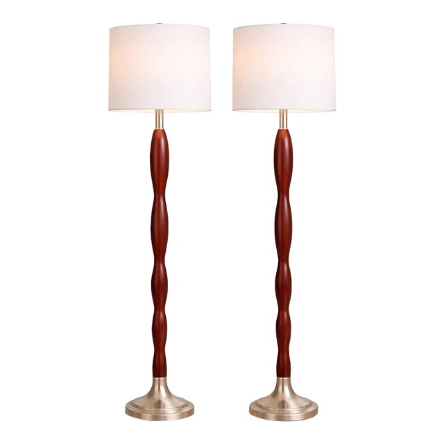 Vintage Sculptural Wood & Brushed Nickel Floor Lamps – Pair For Sale