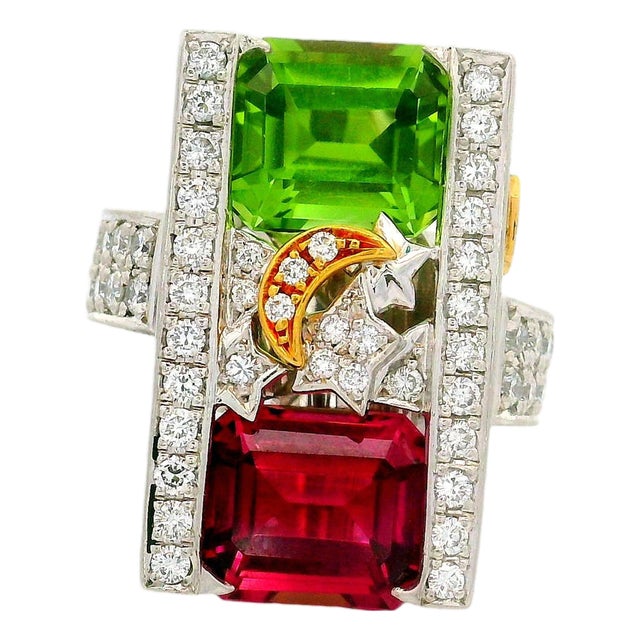 Green and Pink Tourmaline Diamond Platinum 18k Gold Stars-Moon Ring, Size 5.75 For Sale