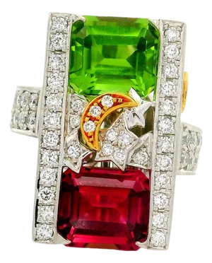 Green and Pink Tourmaline Diamond Platinum 18k Gold Stars-Moon Ring, Size 5.75