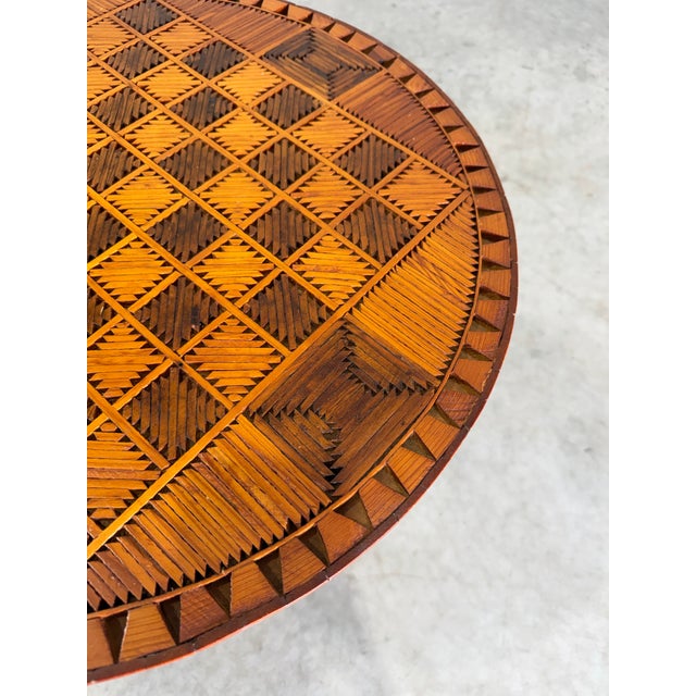 Brown 1930s Tramp Art Matchstick Folk Art Chess Side Table For Sale - Image 8 of 12