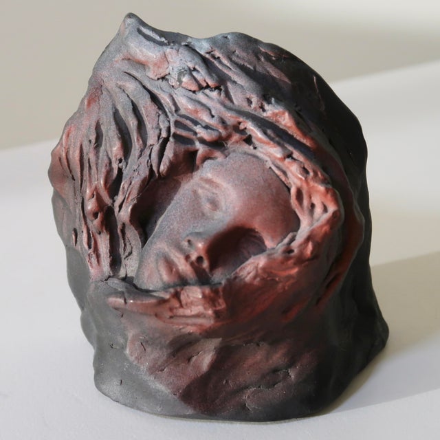 Contemporary Handmade Figurative Ceramic Surreal Veiled Detailed Face Bust Sculpture in Charcoal and & Mauve Glaze For Sale - Image 3 of 17